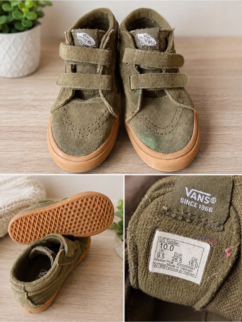 Vans Kids Olive Suede Velcro Sneakers with Gum Sole- Size 10.